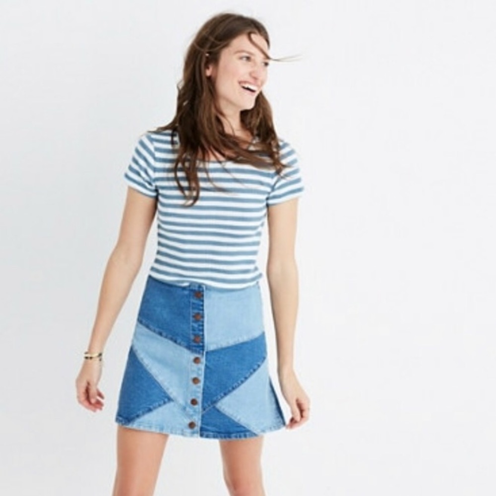 Blue Striped Ribbed Scoop Neck Tee